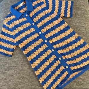 Aaron & Amber Short Sleeve Striped Button Up Sweater Dress Cardigan Granny Sz M